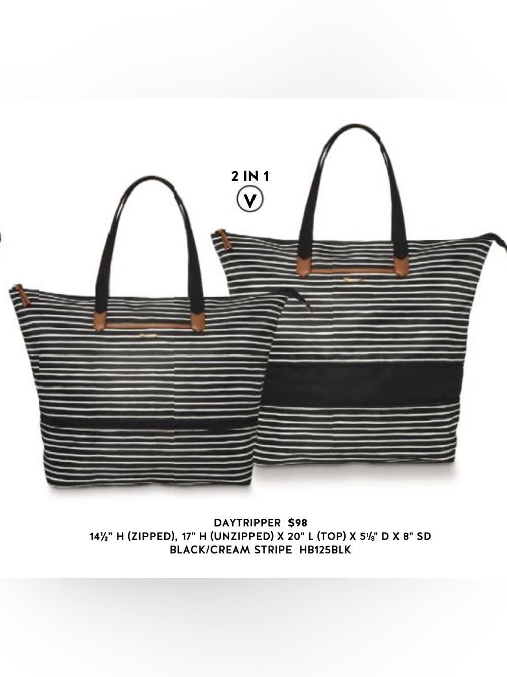 Stella & Dot Daytripper Black and Cream Striped 2-in-1 Tote